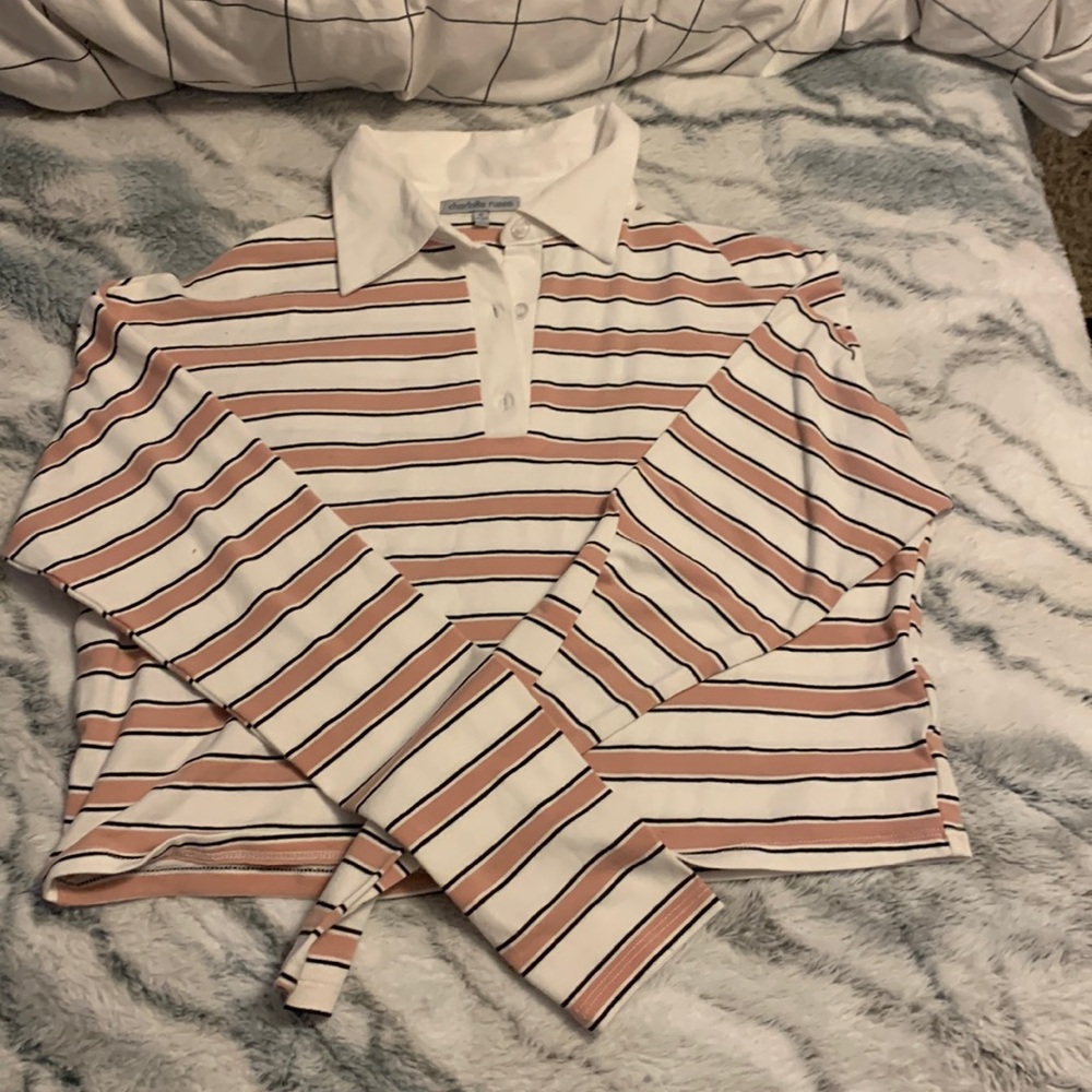 pink, black and white striped Charlotte Russe collared shirt size S
